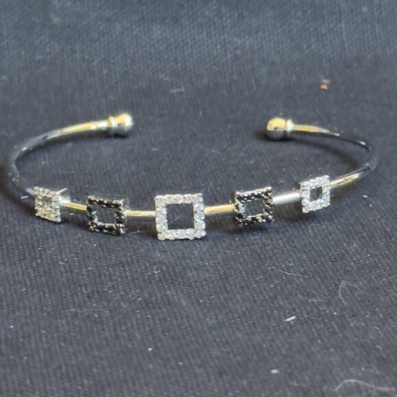 Vernier Silver-Tone Open Cuff Bracelet With Black & White Square Accents - Picture 6 of 8